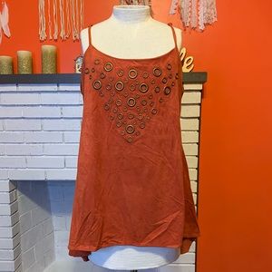 HeartSoul Y2K Burnt Orange Embellished Velour Boho Tank Top